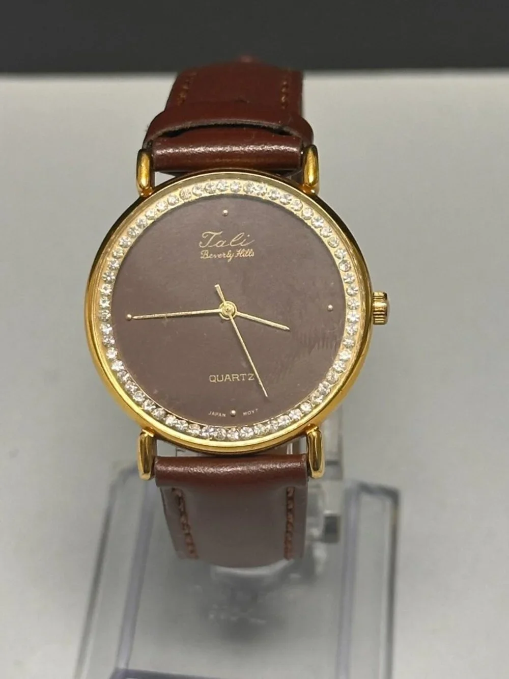 VTG. Tali Bevelry Hills Watch Women Gold Tone Brown Dial Leather Band 9